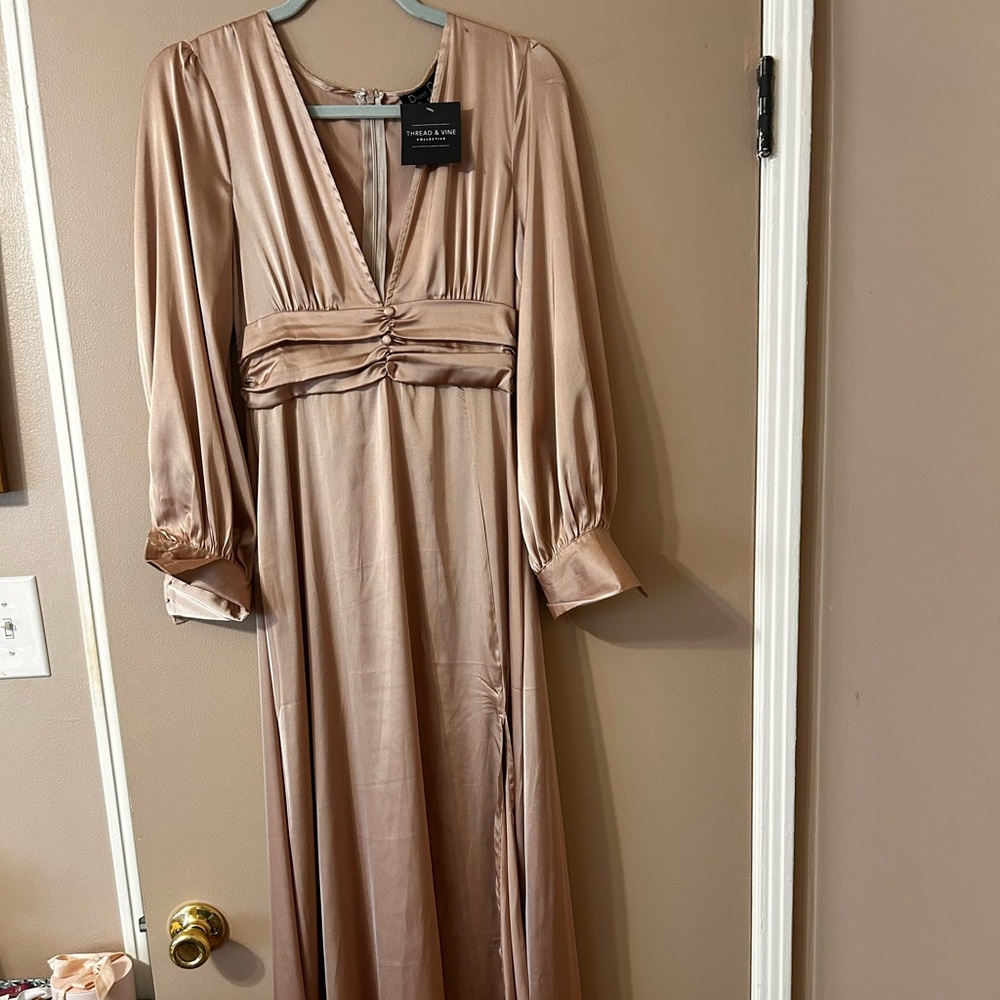 Michael Kors Satin Long Sleeve Dress in Tan